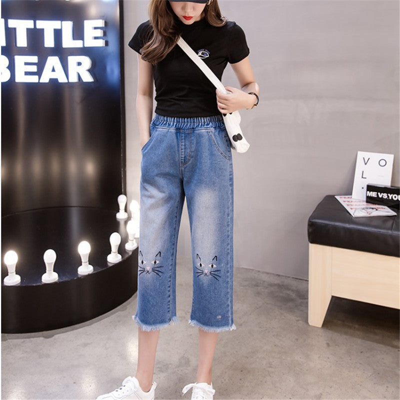 European And American Style Large Size High Waist Loose Cat Pattern Cropped Trousers