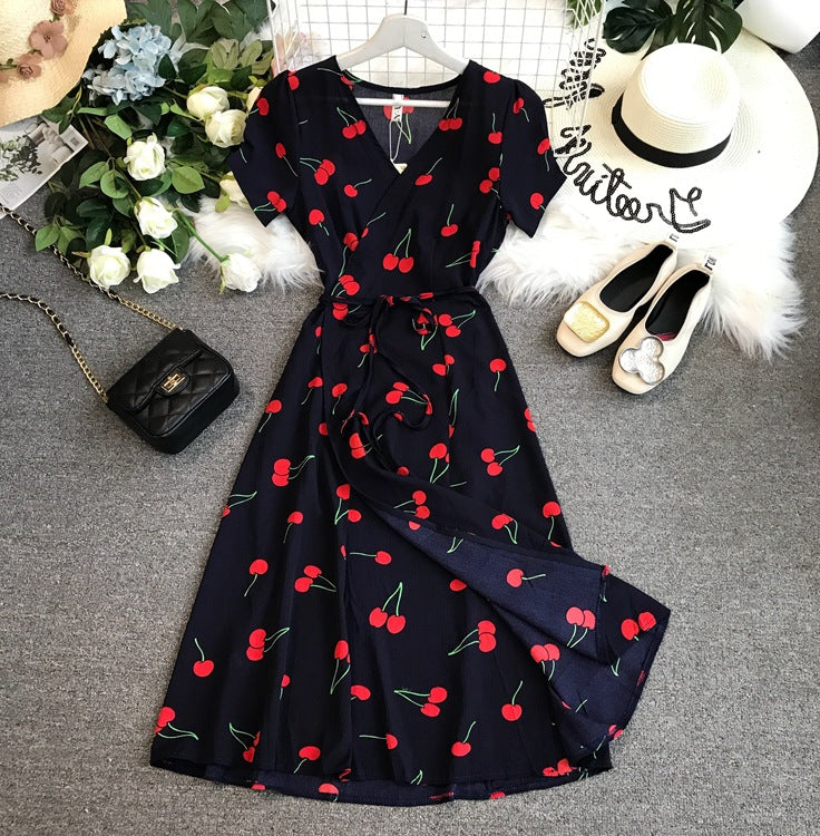 Cherry Mid-length Wrap Skirt Slim Floral Milk Silk Dress