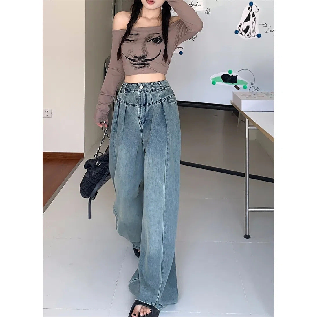 Denim Wide Leg Pants For Women Looking Slimmer In Autumn