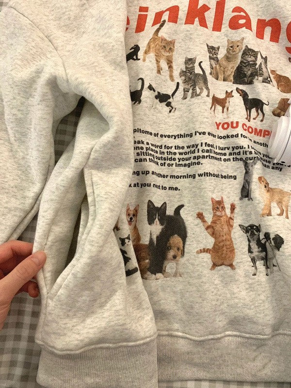 Retro Dogs And Cats Hooded Sweater Women's Fleece-lined Casual Top