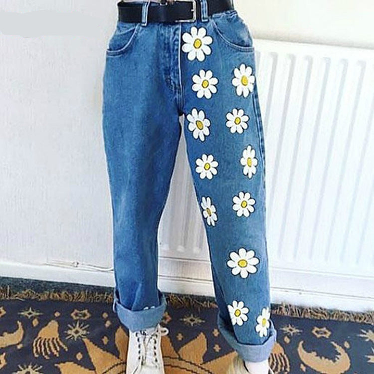 Printed slim denim pants