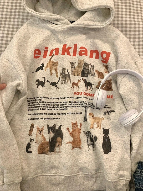 Retro Dogs And Cats Hooded Sweater Women's Fleece-lined Casual Top