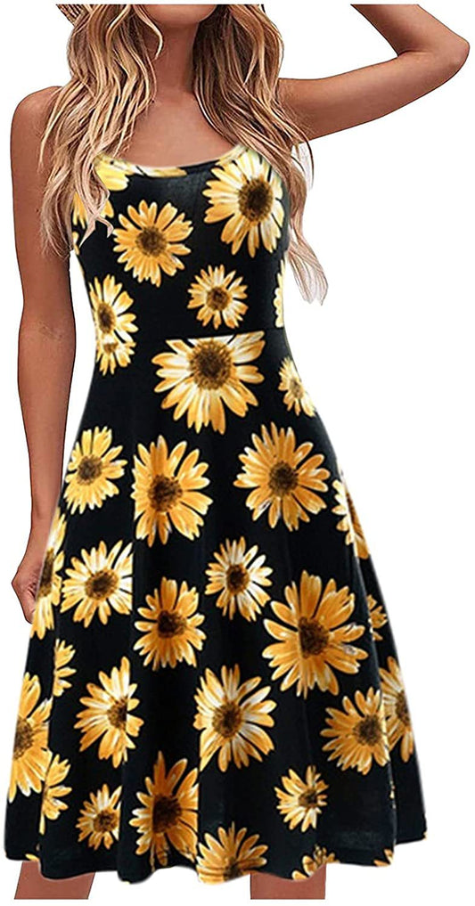 New Summer Women's Sling Printed Fashion Slim Women's Casual Middle Dress