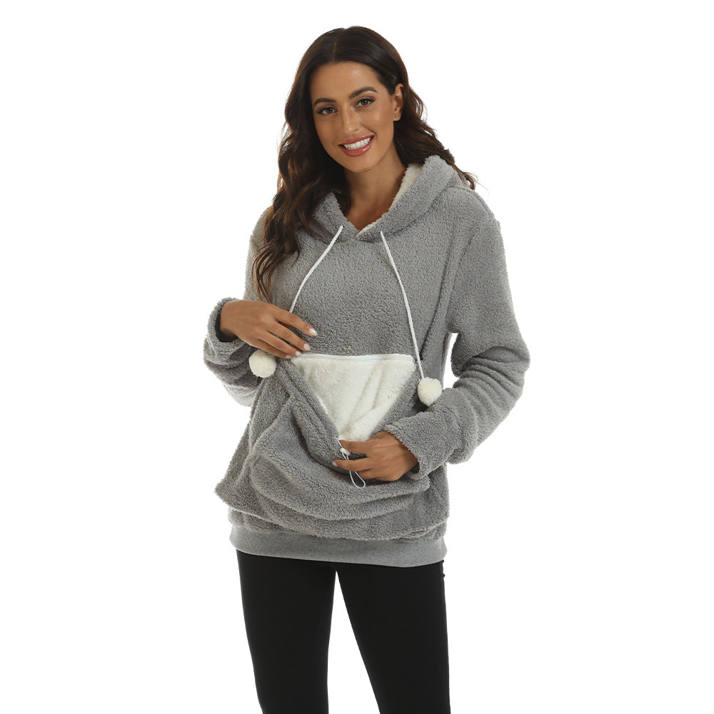 Large Pocket Solid Color Hooded Sweater