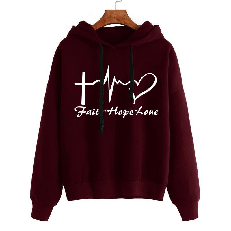 Heart Print Hoodie Sweatshirt Pullover Tops Women Long Sleeve Sports Clothes