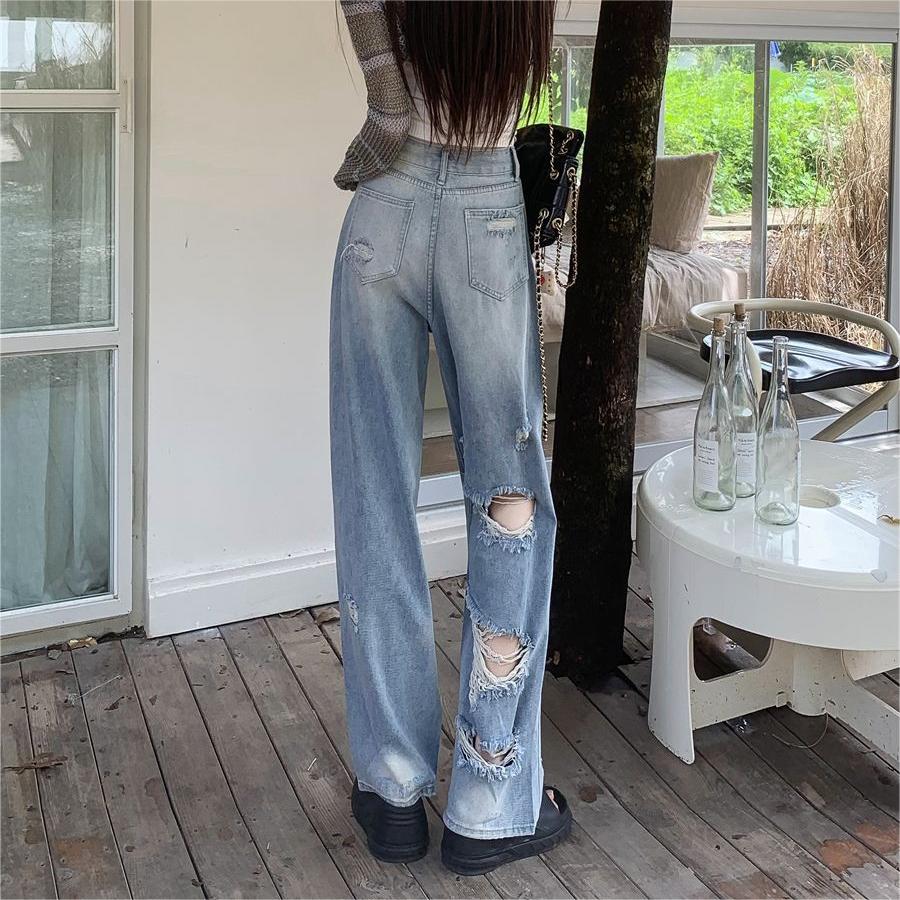 Women's High Street Straight Ripped Jeans