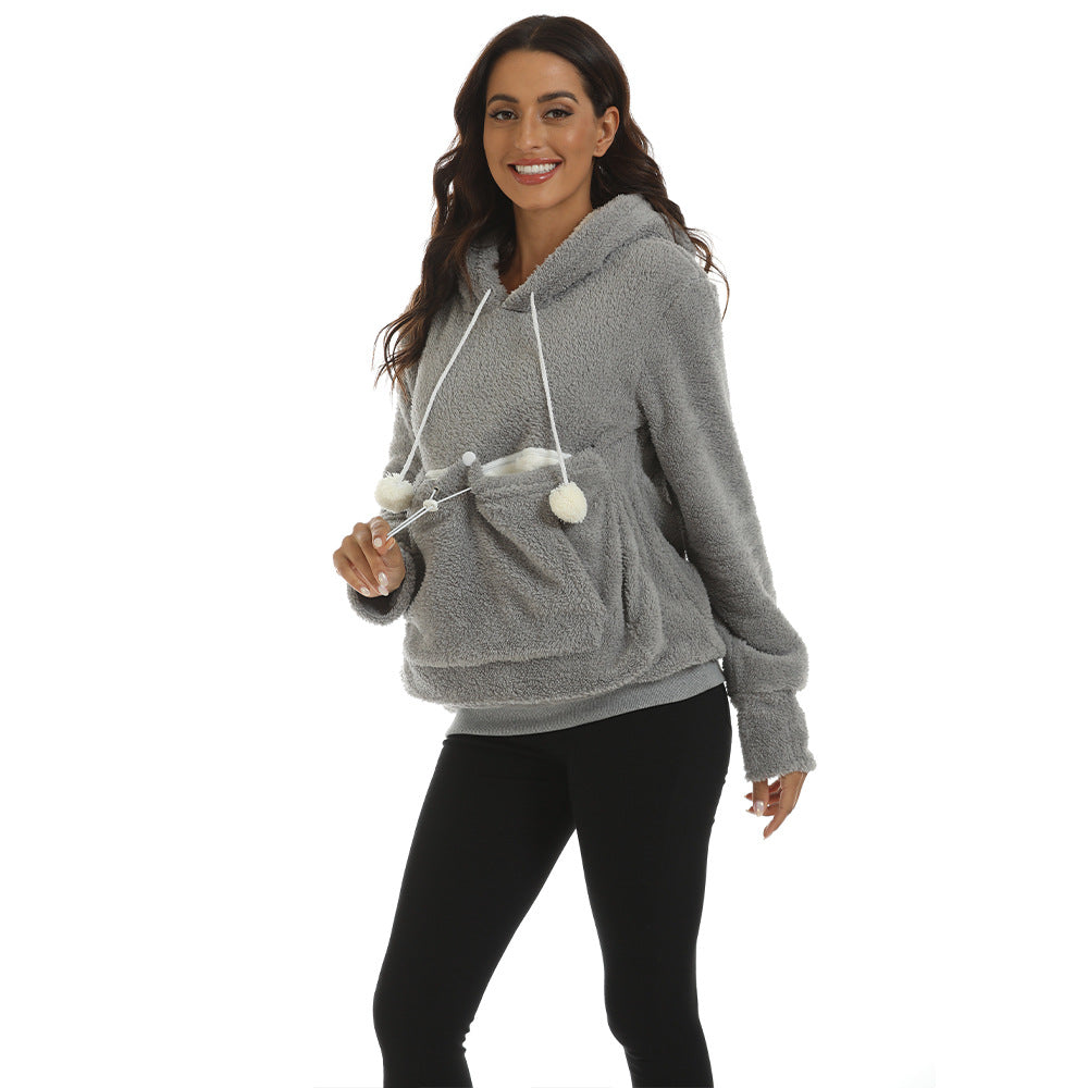 Large Pocket Solid Color Hooded Sweater