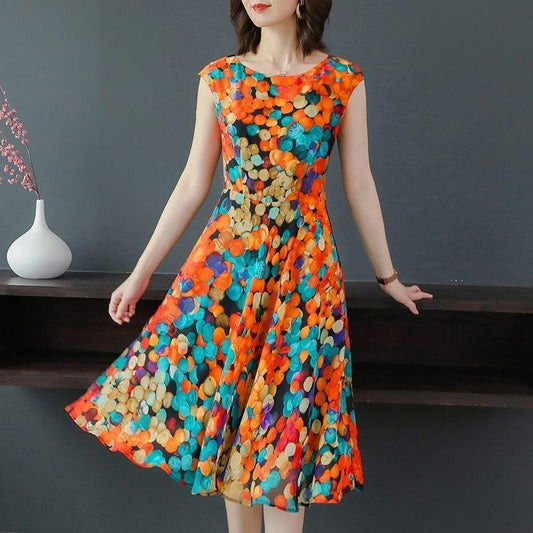 Printed Sleeveless Crewneck Slim Fit Swing Dress