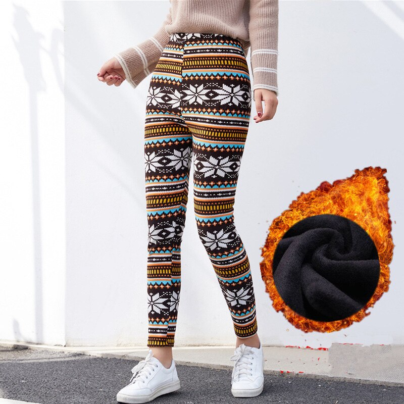 Snowflake deer lamb wool plus fat mid-high waist stretch leggings