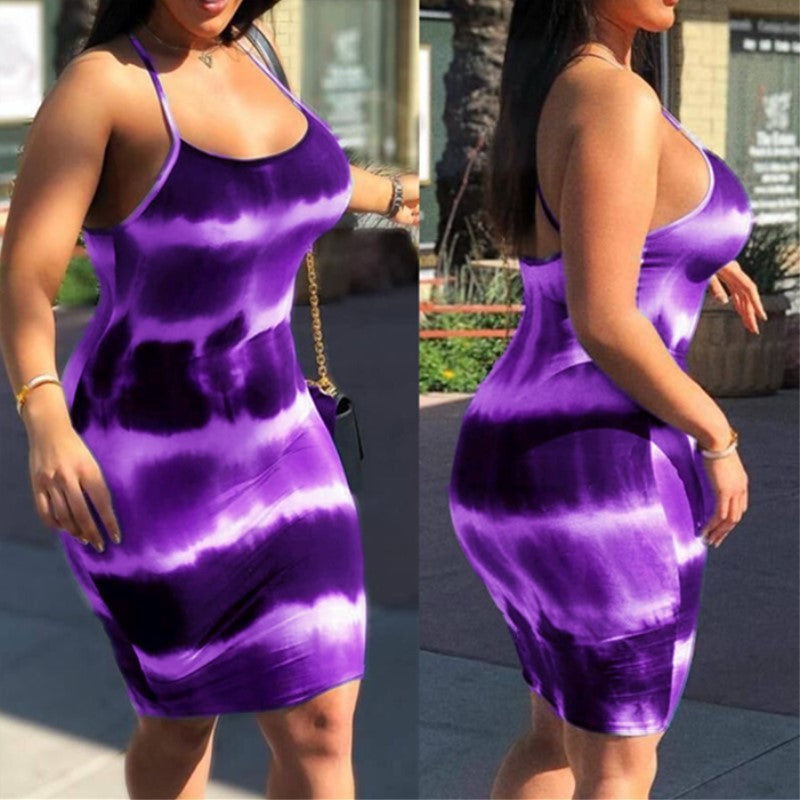 Tie-dye round neck suspender dress