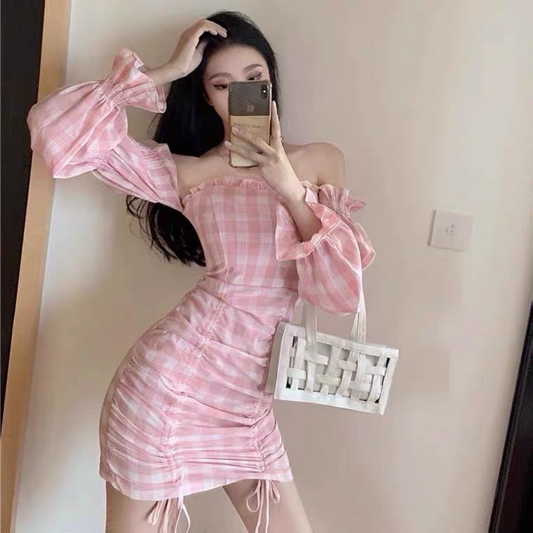 One-neck Sweet Check Retro Short Dress