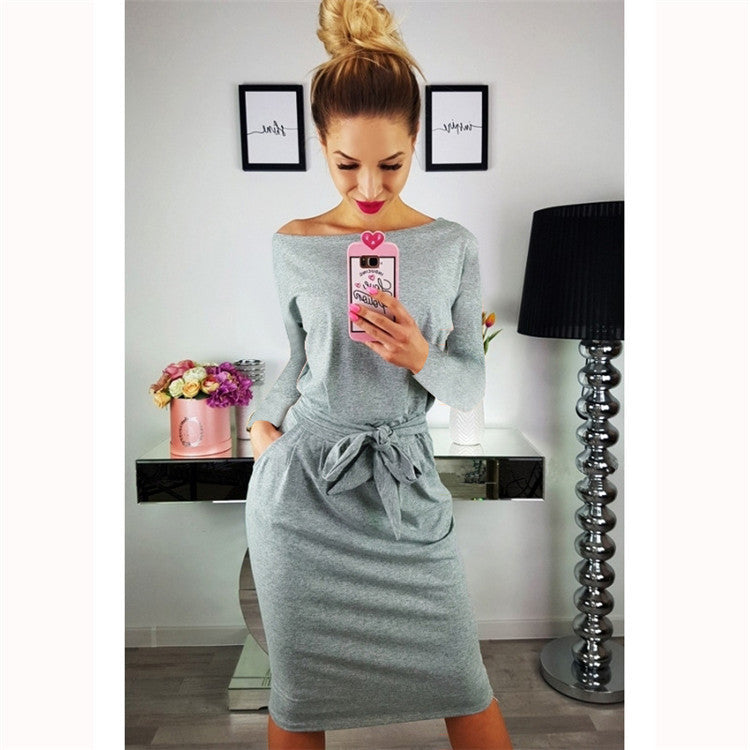 Trendy Tie-Belt Crew Neck Long Sleeve Slim Fit Mini Dress