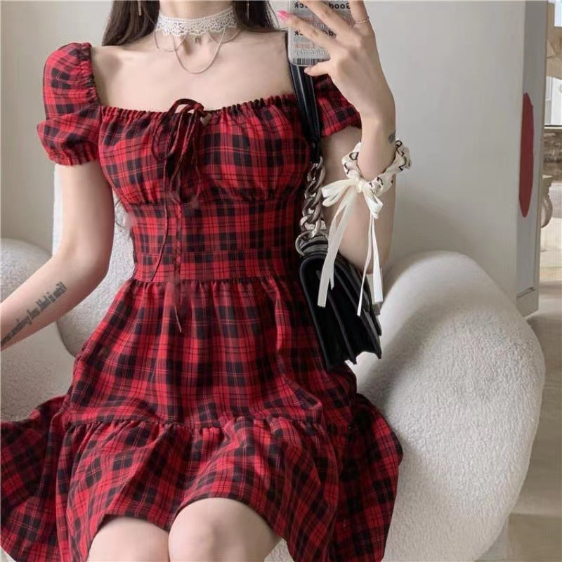 Women's French Summer Red Plaid Dress