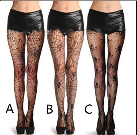 Skull Black Silk Fishnet Stockings Women's Panty Halloween Fishnet Socks