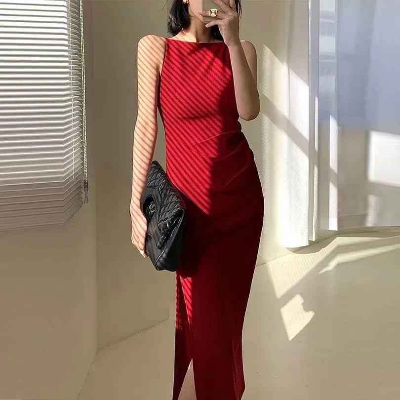 Women's Fashion Solid Color One Shoulder Sling Dress