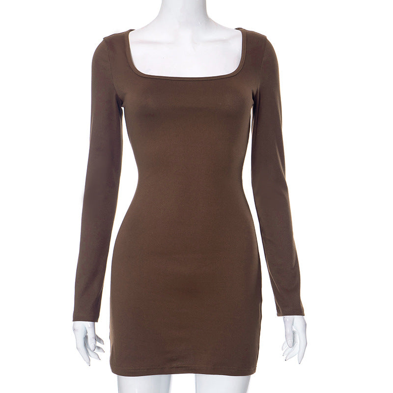 European And American Autumn And Winter New Square Collar Long Sleeve Sheath Dress