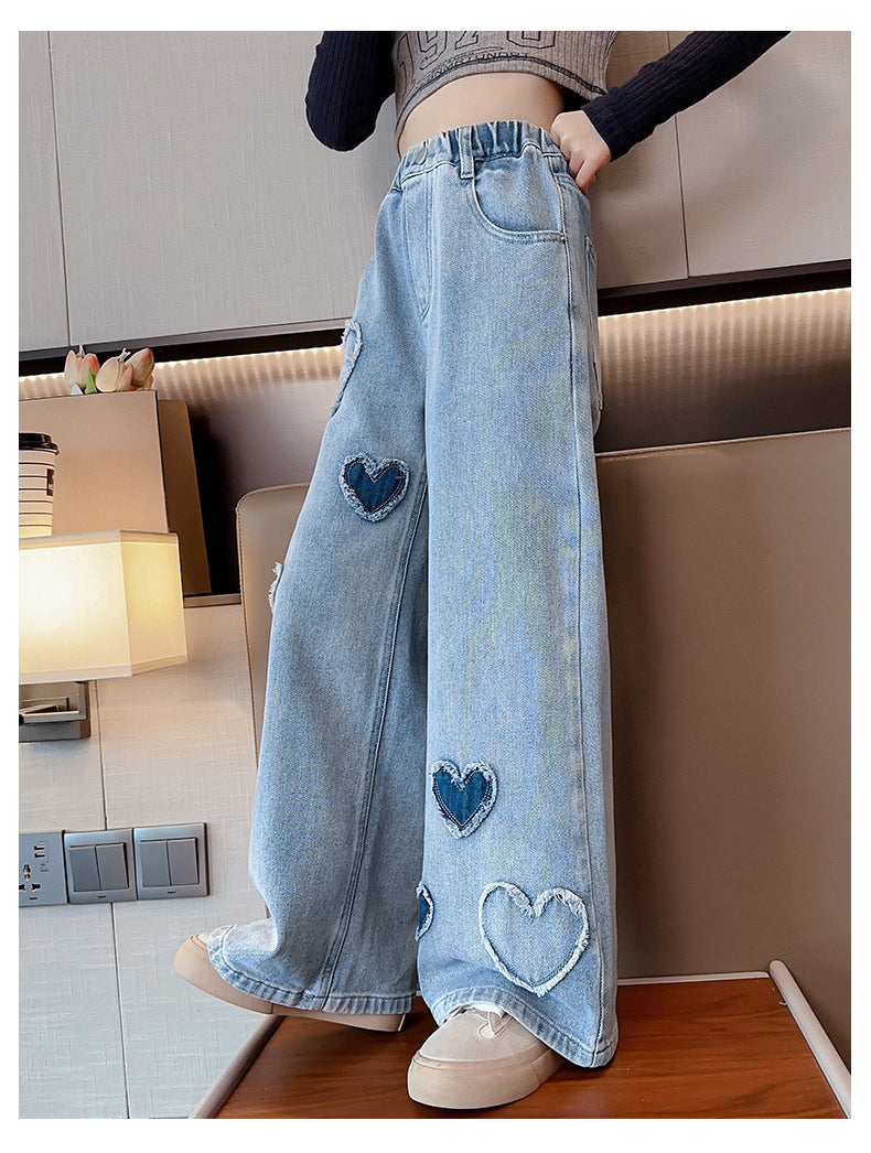 Girls' Love Raw Edge Denim Wide-leg Pants