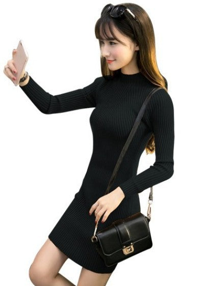 Fashion half high neck hip wrap knit dress