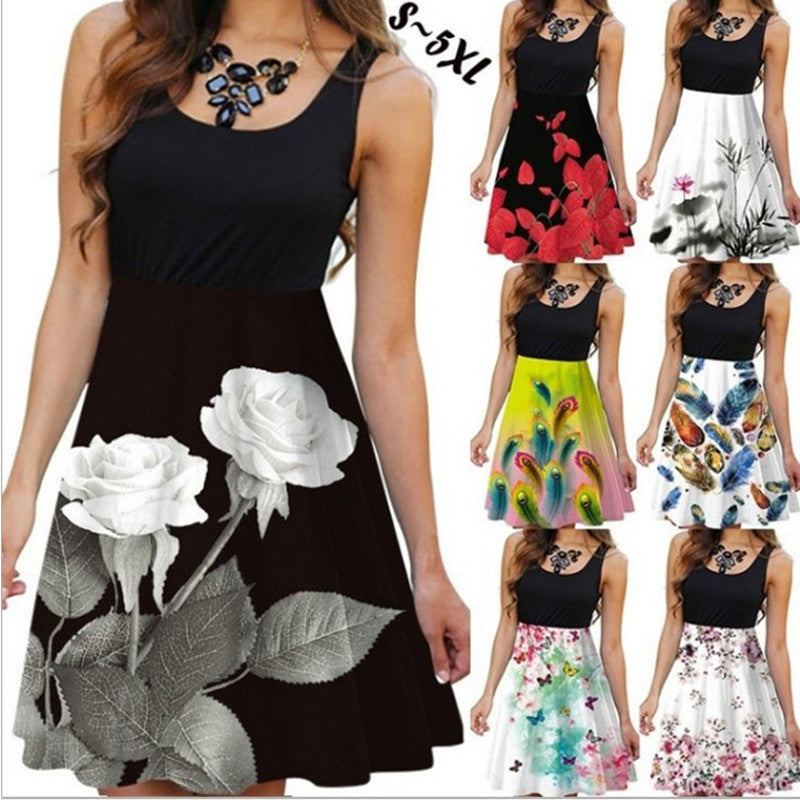 Women's Sleeveless Round Neck Digital Printed Dress