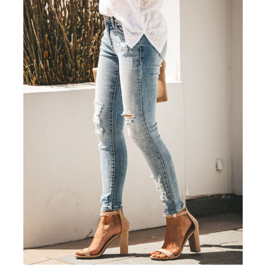 Women'S Jeans Slim Slimming Ripped Sexy Mid-Rise Denim Trousers