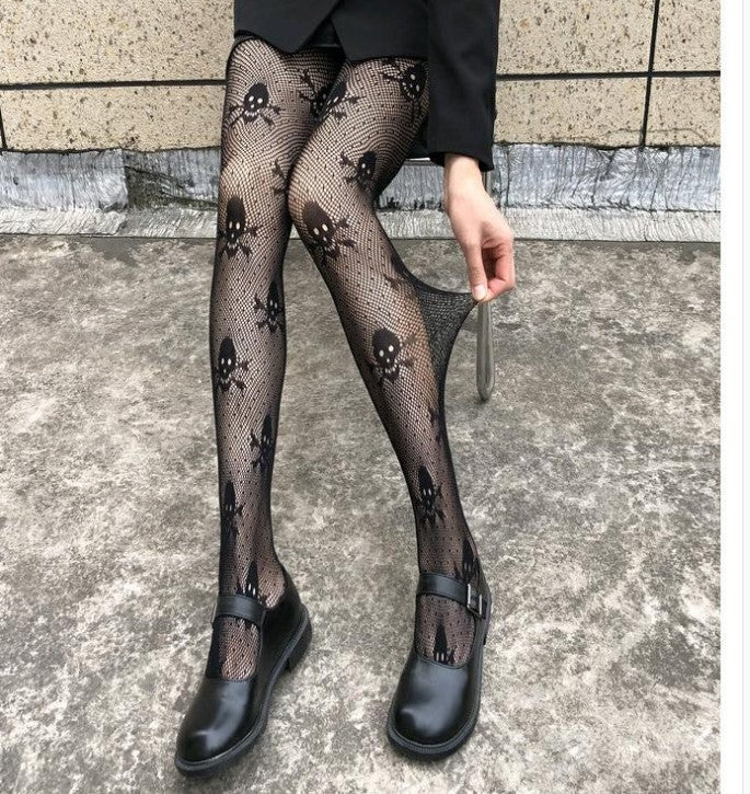 Skull Black Silk Fishnet Stockings Women's Panty Halloween Fishnet Socks