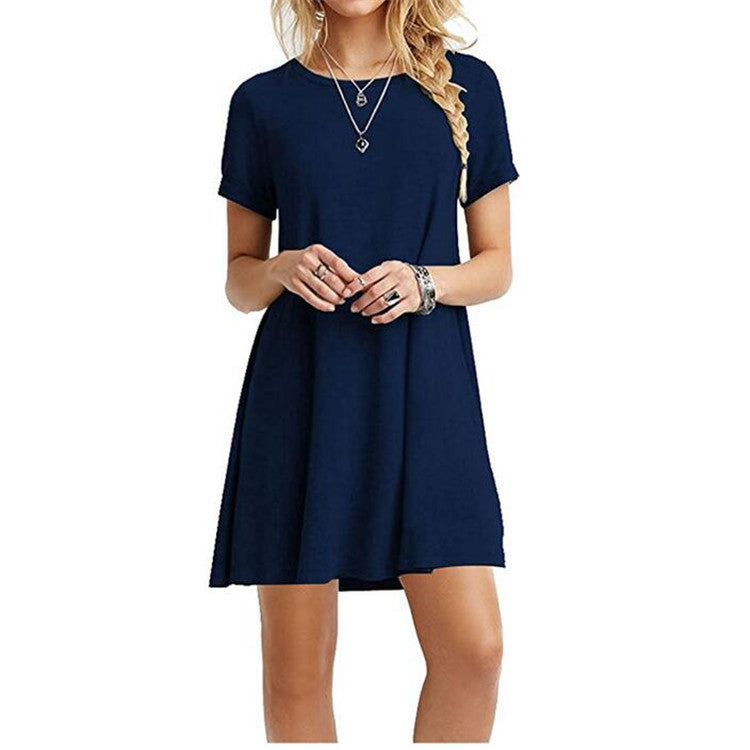 Women's Fashion Solid Color Round Neck Short Sleeve Dress