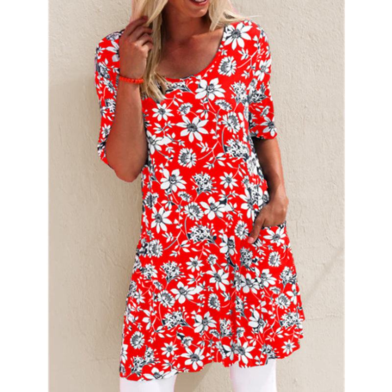 Summer Fashion Printed Loose Short Sleeve Pocket Dress Floral Dress