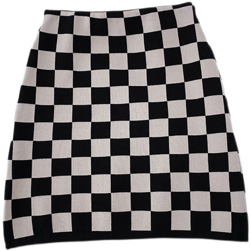 Ins Chessboard Plaid Retro Knitted Slimming Sheath Skirt Women's Spring