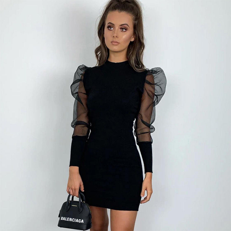 One-step skirt bag hip mesh sleeve black short skirt French dress autumn