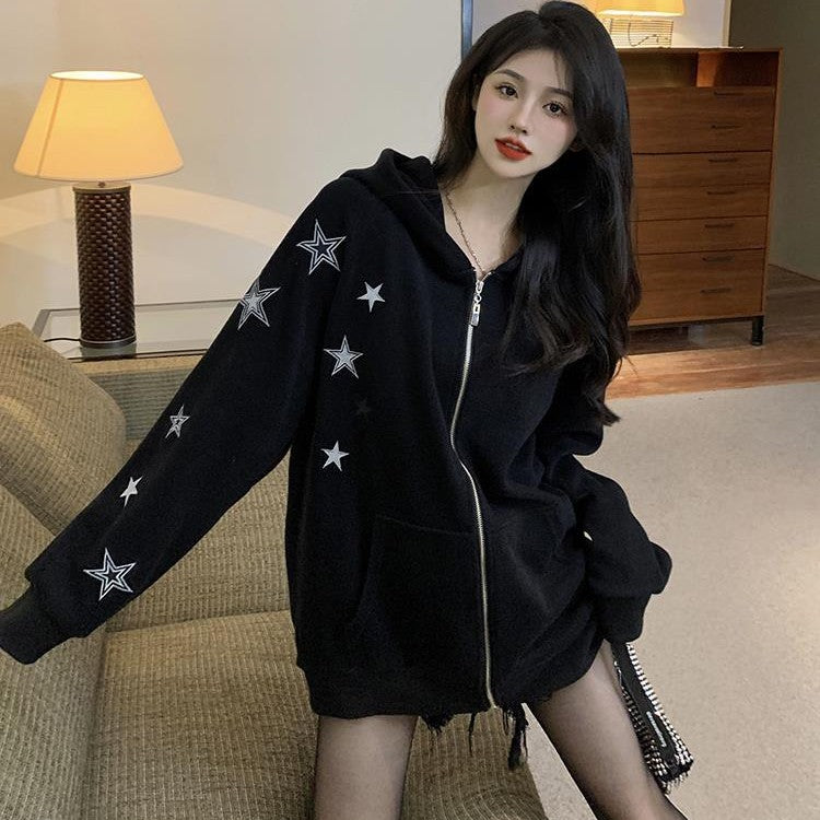 Sweet Cool Stars Embroidered Zipper Hooded Sweatshirt Jacket Female