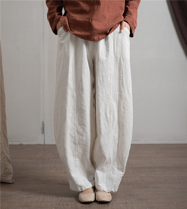 Women's Simple Casual Cotton Linen Harem Wide-leg Trousers Elastic Waist Pants