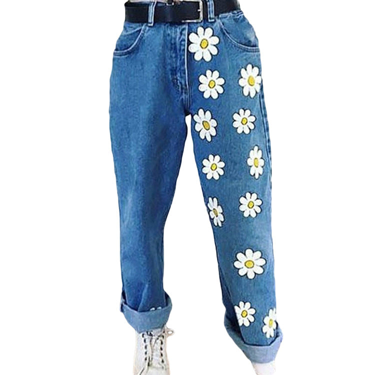 Printed slim denim pants