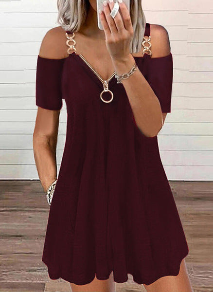 Fashion Short Sleeve Solid Color Metal Zipper V-neck Casual Dress