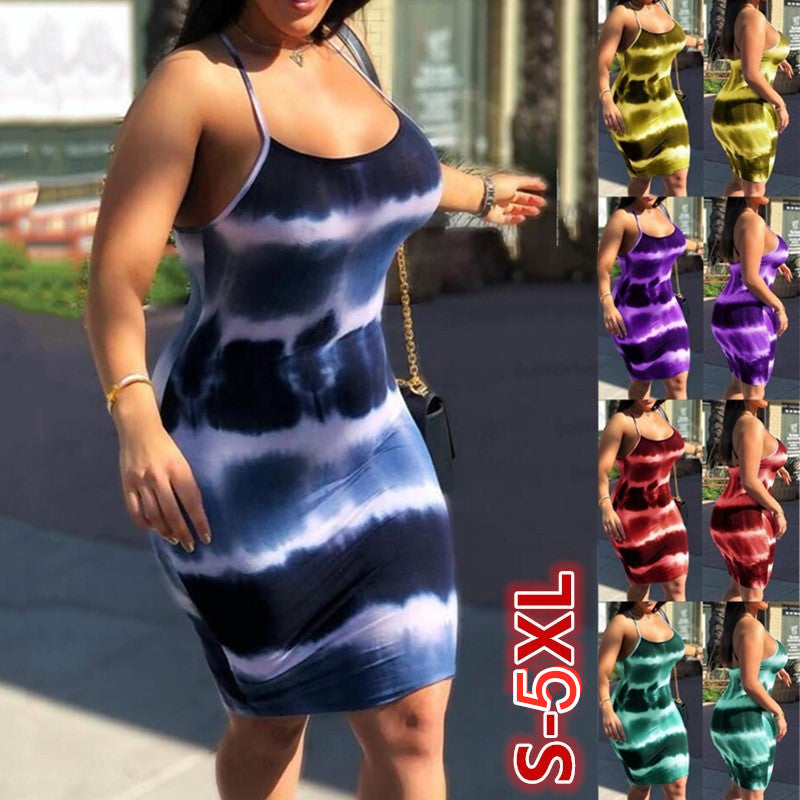 Tie-dye round neck suspender dress