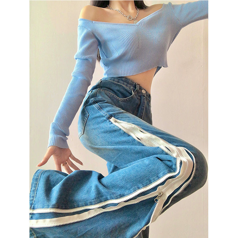 Double-layer Side Zipper Wide Leg Jeans Women Loose