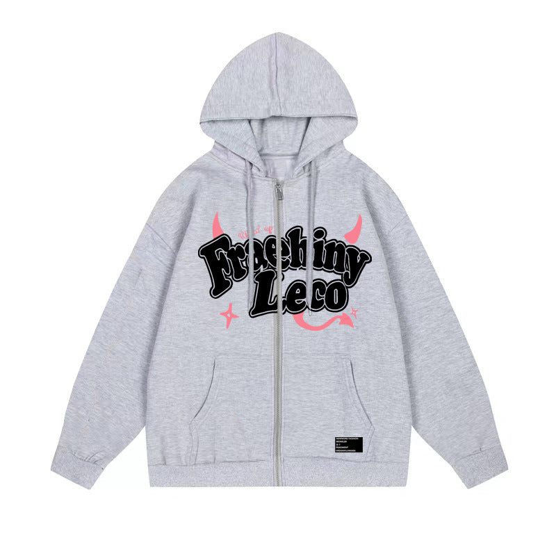 Fraehiny Printed Cardigan Sweater Zipper Hooded Sweatshirt Coat