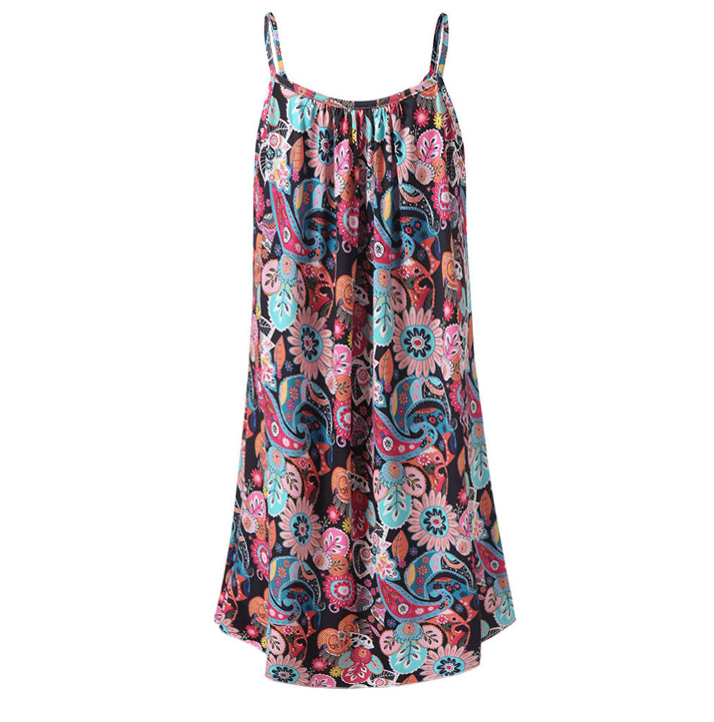 Printed pleated large swing loose strap dress