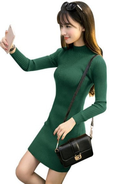 Fashion half high neck hip wrap knit dress