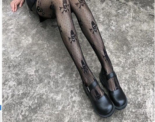 Skull Black Silk Fishnet Stockings Women's Panty Halloween Fishnet Socks