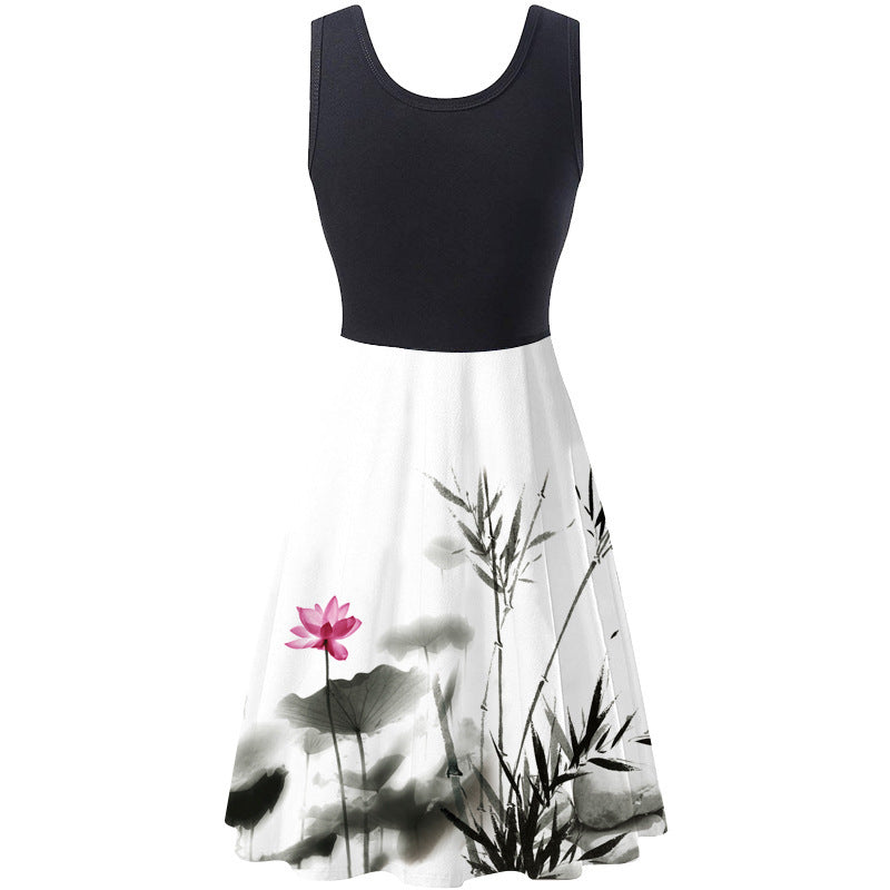 Women's sleeveless round neck digital print dress