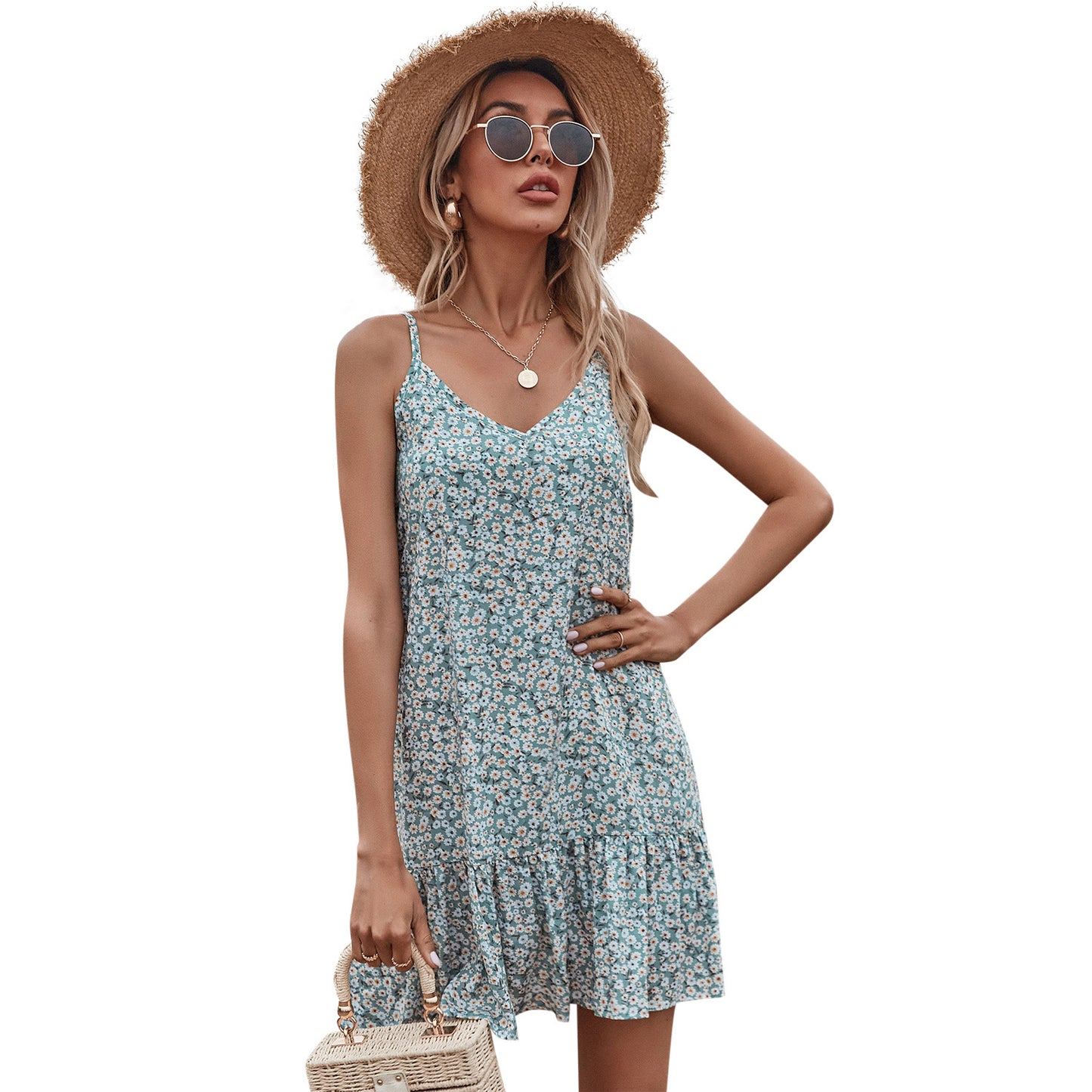 European And American Fashion Temperament V-neck Printed Suspender Dress