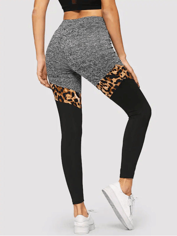 Grey And Black Plus Leopard Print Stitching Polyester Fiber Leggings