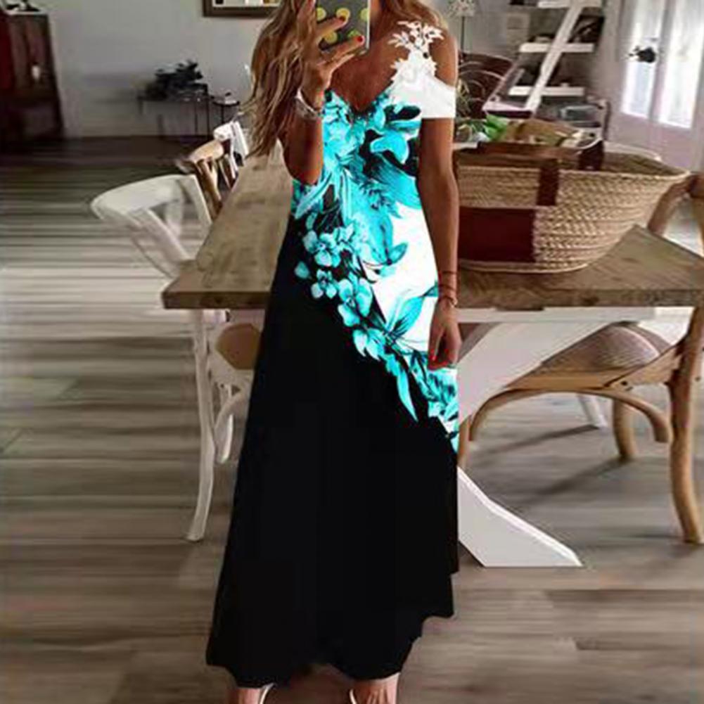 Women's Printed V-Neck Lace Over-the-Shoulder Short Sleeve Dress