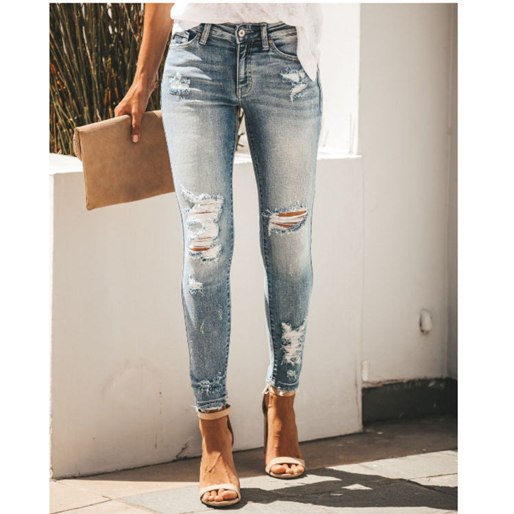 Women'S Jeans Slim Slimming Ripped Sexy Mid-Rise Denim Trousers