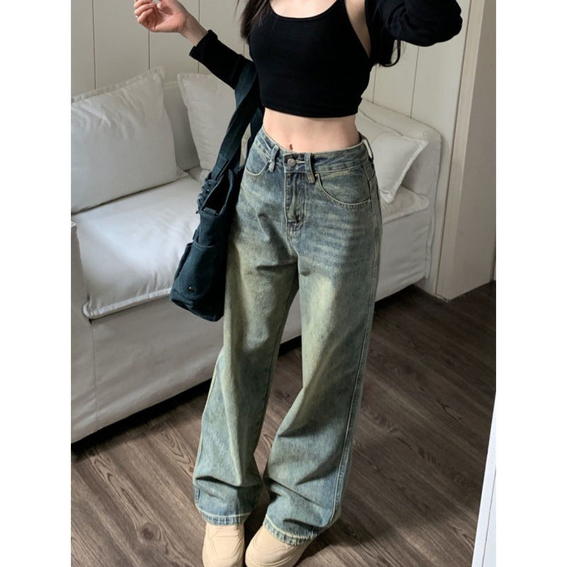 Retro Denim Women's Worn Looking Washed-out Straight Loose Figure Flattering Wide Leg Pants