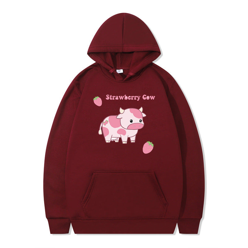 Strawberry Milk Print Long-sleeved Hoodie