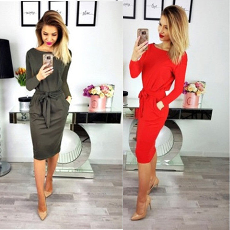 Trendy Tie-Belt Crew Neck Long Sleeve Slim Fit Mini Dress