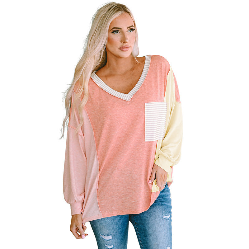 Top de manga larga con cuello en V Sudadera con capucha multicolor a rayas de ocio europeo y americano para mujer