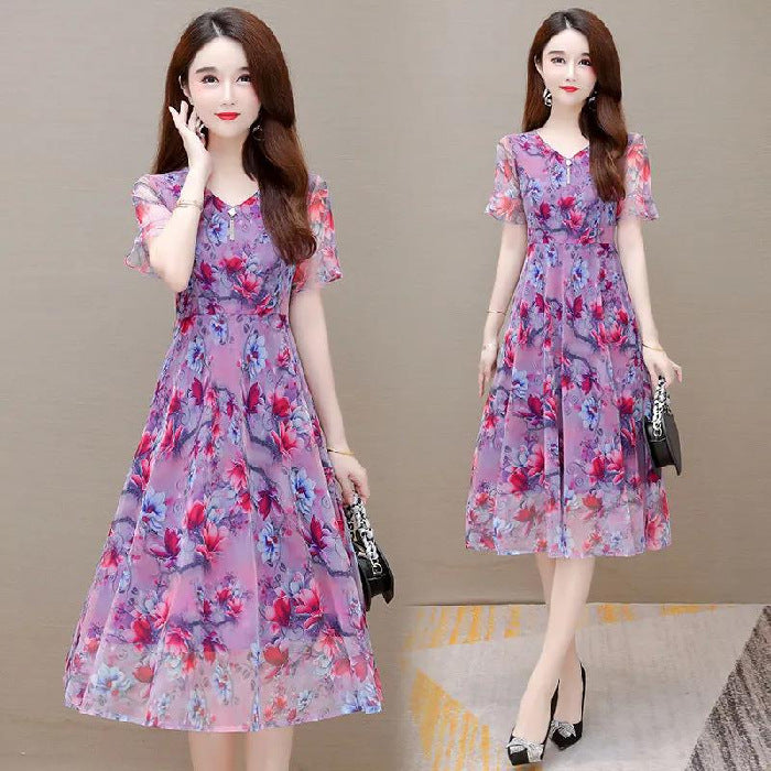 Dress Fashion Korean V-neck Short Sleeve Western Style Printed Midi Skirt