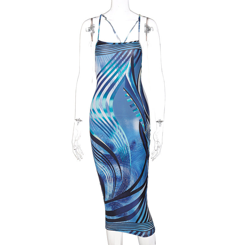 Summer Explosive Women's New Sling Halter Printed Dress